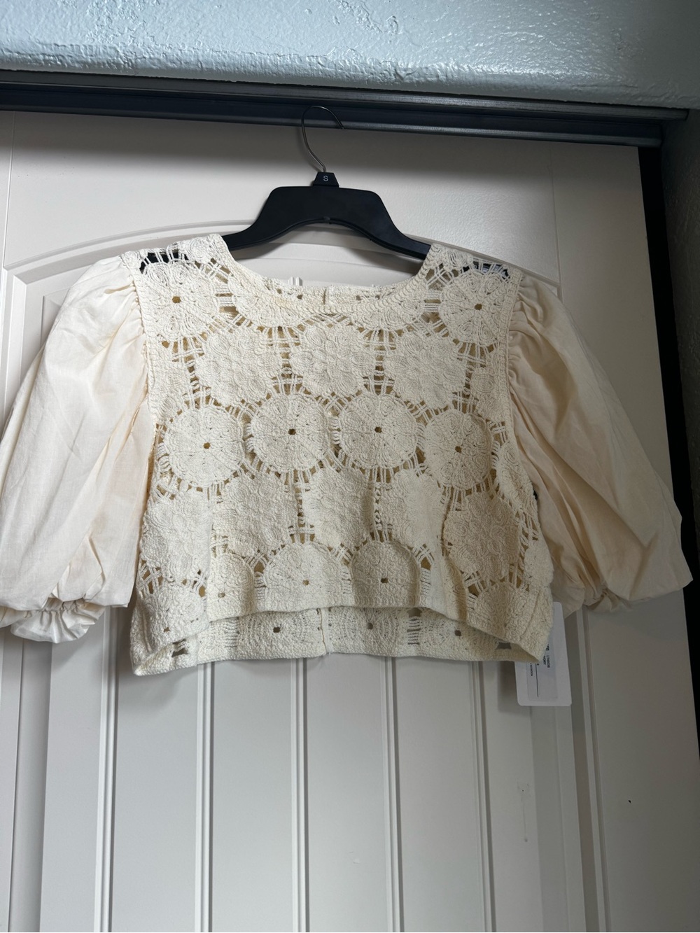 Line & Dot Cream Crochet Puff Sleeve Crop Top